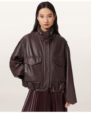 AllSaints Clay Funnel Neck Oversized Leather Jacket - Brown
