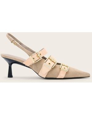 AllSaints Cow Suede Vivian Leather Buckle Slingback Heels, Us 7/ Eu 37 - Natural