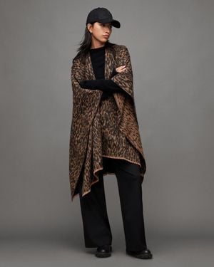 AllSaints Anita Leopard Print Wool Ruana Scarf, - Grey