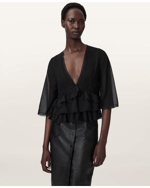 AllSaints Flo V-Neck Lace Tiered Top - Black