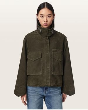 AllSaints Clay Funnel Neck Suede Cropped Jacket - Green