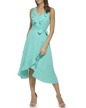 Kensie Sleeveless Ruffle Trim Faux Wrap Midi Dress - Green
