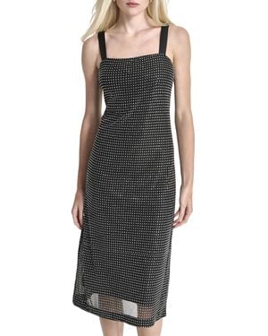 DKNY Sleeveless Jewel Neck Mesh Heatset Overlay Midi Dress - Black