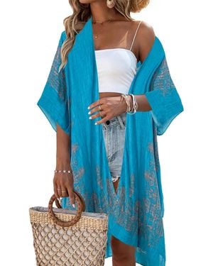 Beautiful Nomad Kimono Swimsuit Coverups Beach Floral Casual Cardigan Bathing Suit Cover Up For Summer Swimwear - Blue