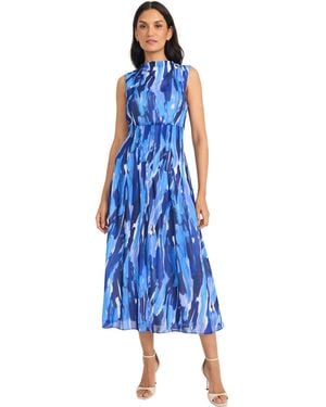 Maggy London Empire Waist Mock Neck Sleeveless Midi-flowy Semi Sheer Line Wedding Guest Dress - Blue