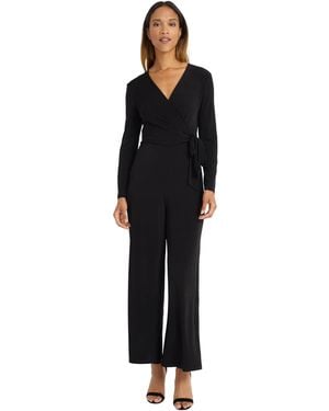 Maggy London Elegant Wide-leg Long Sleeve V-neck Wrap Bodice With Cinched Waist-formal Evening Jumpsuit - Black