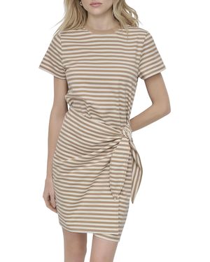 DKNY Short Sleeve Jewel Neck Tie Front Detail Mini Dress - Natural