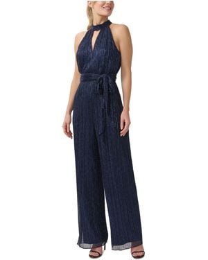 Adrianna Papell Crinkle Metallic Halter Neck Blouson Jumpsuit - Blue