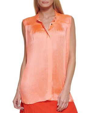DKNY S Button Blouse Elevated Everyday Shirt Slvs Pleated Front Btn Through Top - Orange