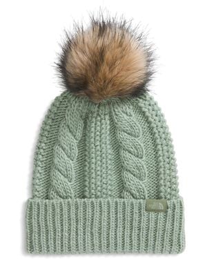 The North Face Oh Mega Fur Pom Beanie | Deep Fit Cuffed Winter Hat With Oversized Faux-fur Pom & Textured Cable Detailing - Green