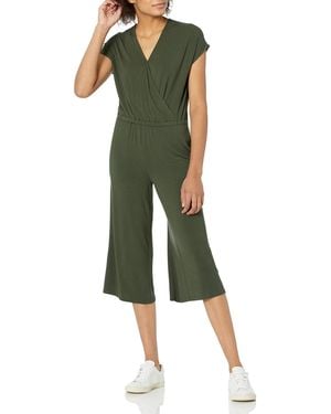 Amazon Essentials Short-sleeve Surplice Cropped Wide-leg Jumpsuit With Elastic Waist - Green