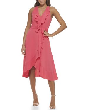 Kensie Sleeveless Ruffle Trim Faux Wrap Midi Dress - Red