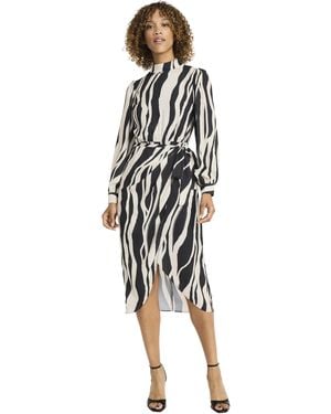 Maggy London Elegant Midi Wrap Long Sleeve High Neck Belted Cocktail Wedding Guest Dresses - Black
