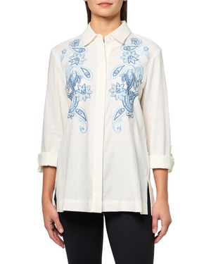 Jones New York Bttn Frt Embroidered Ls Blouse - White