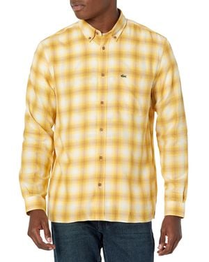 Lacoste Long Sleeve Regular Fit Twill Plaid Button Down Shirt - Yellow