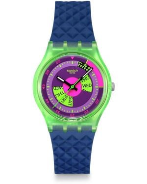 Swatch Gent Casual Watch Biosourced Green Quartz Water Resistant Neon Skychart