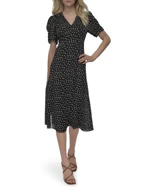 DKNY Short Sleeve Button Front Fit & Flare Midi Dress - Black