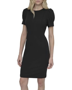 DKNY Short Puff Sleeve Jewel Neck Exposed Zipper Knee Length Dress - Black