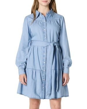 Amazon Essentials Fit and Flare Langärmliges Gestreiftes Jeanshemdkleid Chambray - Blau