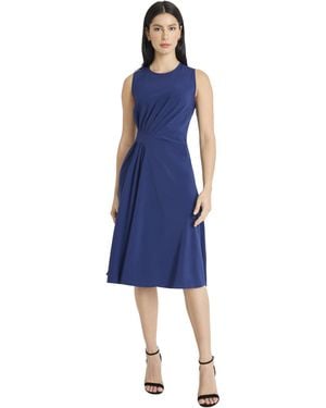 Maggy London Sleeveless Midi Dress-fitted Bodice Asymmetrical Pleating A-line Silhouette - Blue