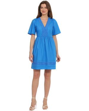 Maggy London S Dresses V-neck Cotton With Lace Trim Day Vacation Resort Event Guest Of - Blue
