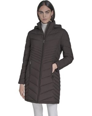 Calvin Klein Hooded Chevron Quilt Puffer Coat – Slimming Longline Winter - Black