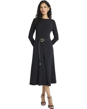 Maggy London Long Sleeve Midi Dress With Tie Belt-a-line Silhouette Round Neck Fitted Bodice - Black