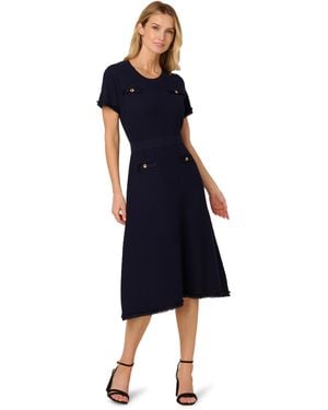 Adrianna Papell Waffle Textured Fit And Flare Midi Sweater With Mock Pockets - Blue