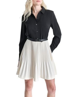 DKNY Long Sleeve Collared Neck Belted Tiered Skirt Mini Dress - Black
