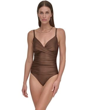 DKNY Standard One-piece Twist Front Swim Suit With Tummy Control - Brown