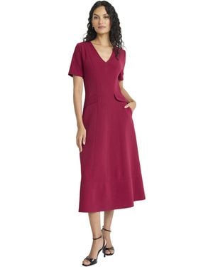 Maggy London V-neck Short Sleeve Midi Line Silhouette-cocktail Dresses For - Red