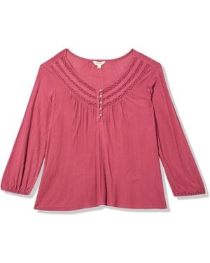 Lucky Brand Plus Smocked Lace Yoke Henley - Pink