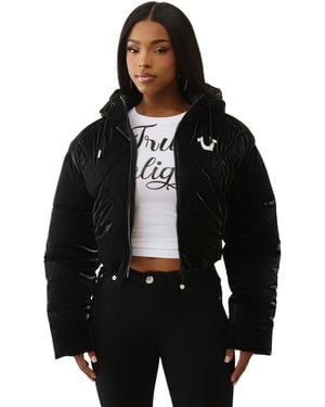 TRUE RELIGION Women's High Shine Foil Hooded Puffer – Lightweight & Comfortable Winter Jacket - Jet Black, Medium