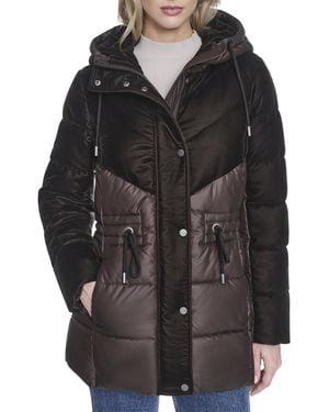 Andrew Marc Hooded Velvet Trimmed Insulated Cold Weather Puffer Jacket - Black