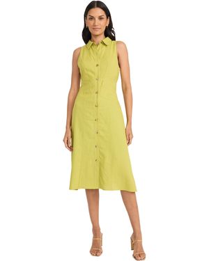 Maggy London Sleeveless Button Down Linen Midi Elegant A-line Business Casual Dress - Yellow
