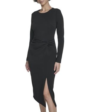 Calvin Klein Long Sleeve Round Neck Scuba Crepe Side Ruffle Midi Dress - Black