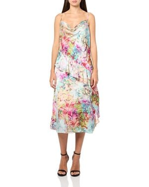 Laundry by Shelli Segal Sleeveless Cowl Neck Elegant Satin Ruffle Midi Dress - White