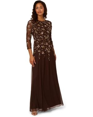 Adrianna Papell Bead Mesh Long Dress - Brown