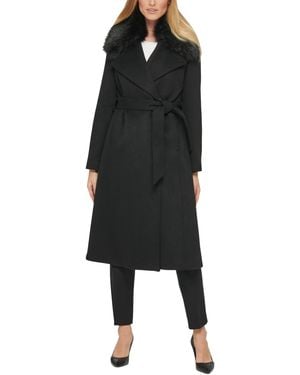 Karl Lagerfeld Paris Luxe Wool Classic Long Wrap Coat W Fur - Black