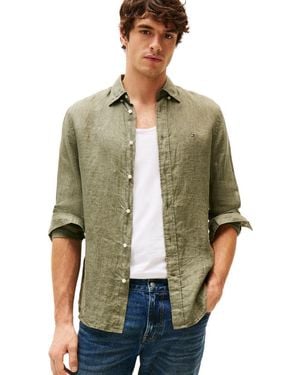Tommy Hilfiger Long Sleeve Casual Linen Button Down Shirts In Regular Fit - Green