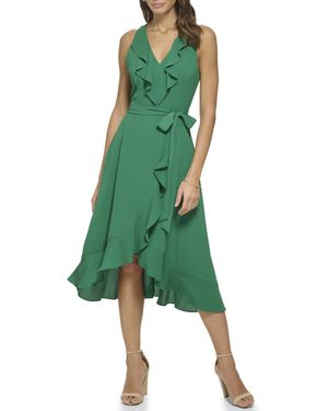 Kensie Sleeveless Ruffle Trim Faux Wrap Midi Dress - Green