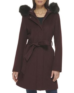 Cole Haan Hooded Coat Slick Wool With Detatchable Faux Fur Trim - Brown