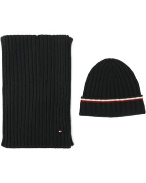 Tommy Hilfiger Wide Rib Global Stripe Hat & Scarf - Black