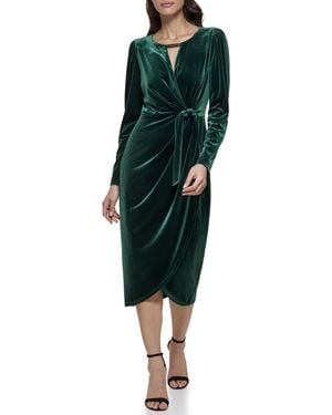 Kensie Long Sleeve Velvet Faux Wrap Midi Dress - Green