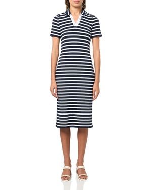Tommy Hilfiger Short Sleeve Ribbed Striped Johnny Collar Dress Casual - Blue