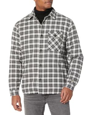 Lacoste Long Sleeve Checked Flannel Button Down Overshirt With Quilted Lining - Gray