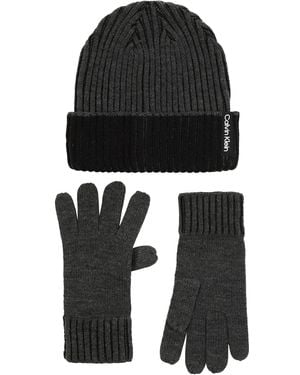 Calvin Klein Double Wide Fisherman Rib Cuff Hat And Glove Set Beanie - Black