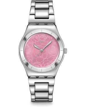 Swatch I Medium Watch Dress Stainless Steel Pink Quartz Waterproof Petal Charm