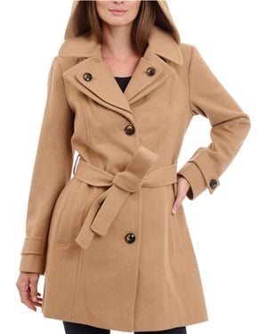 London Fog Womens Double Lapel Thigh Length Button Front With Belt Wool Coat - Natural