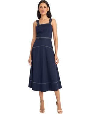 Maggy London Square Neck Midi Contrast Stitching-a-line Seamed Bodice Formal Wedding Guest Cocktail Dress - Blue